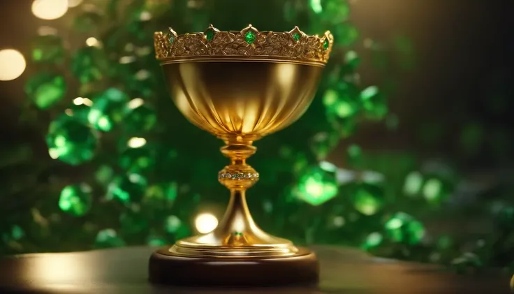 golden chalice, with diamond stones, with green emeralds, 8k, cinematic, realistic