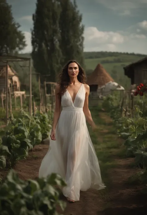 Gal Gadot  in transparent sexy white dress in full-length on the background of the Russian village, Summer, vegetable garden