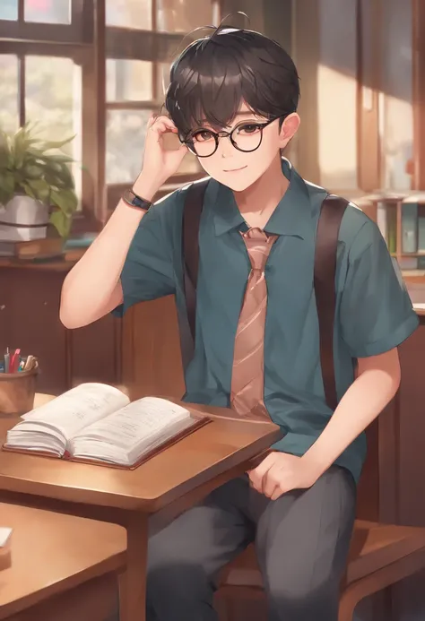 elementary student、school classrooms、Cute Glasses Boy、barechested、undergarment