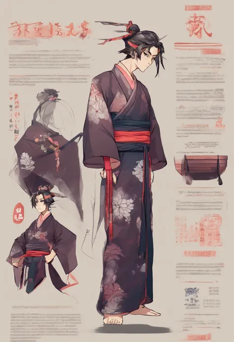 Personnage de manga masculin portant un kimono avec pour inscription "Félicio" sur le kimono. He wears a forehead band and has bandaged arms.