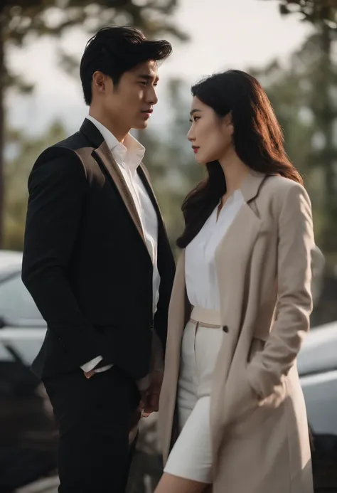 A 30-year-old prosecutor, ember, Korean Man, thick black hair, black suit, white  shirt, black pant. A 26-year-old girl next to her, reporter, Long dark brown hair, Dark jeans, white  shirt, Womens Dark Jacket,  Heeled boots. Standing next to a friend