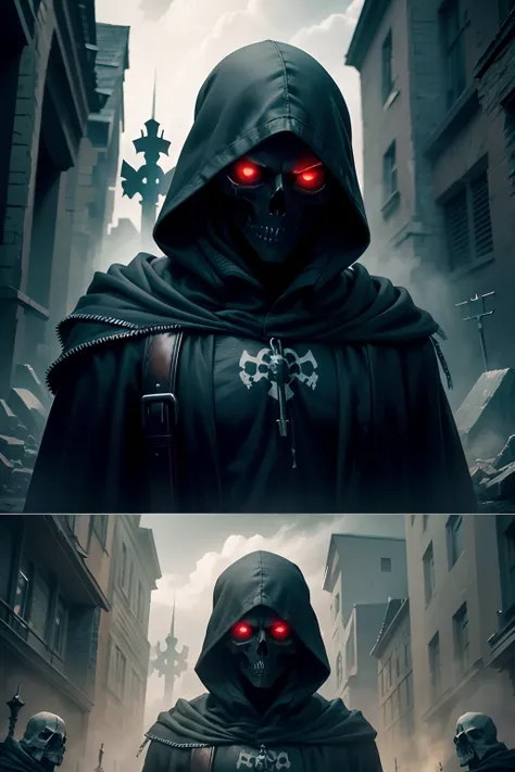 Hooded man With a skull painting 79 on his face Mysterious With red eyes What is the background graveyard Hyper realistic Masterpiece 8K Dark HDR