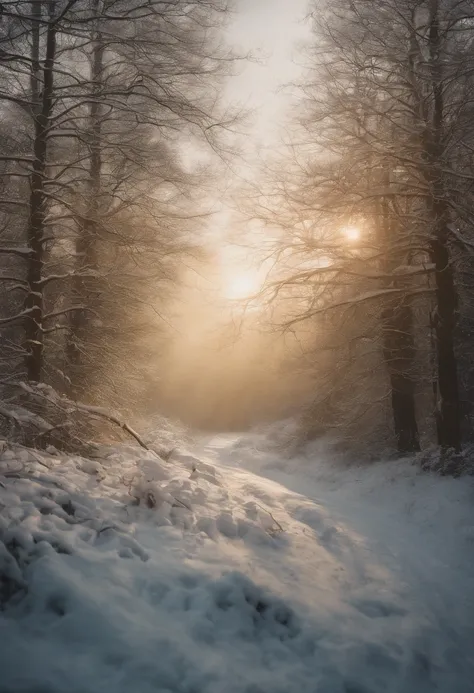 An intricate optimistic illustration of spring showing in a snowy forest