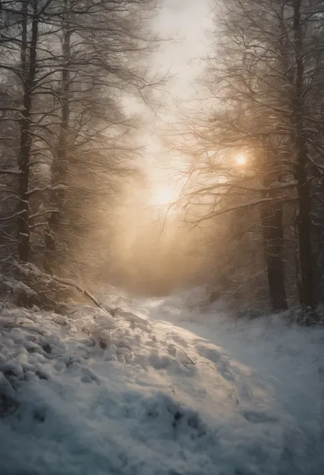 An intricate optimistic illustration of spring showing in a snowy forest