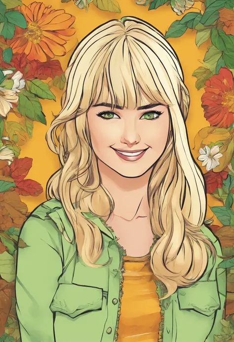 American comic, young, teenage girl, white, green eyes, blonde shoulder length hair with bangs, smile, happy, round face