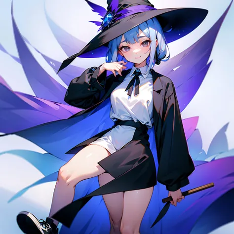 A mystical otherworldly half-timber town、Standing Girl、Black coat、white t-shirt、a black skirt、beautiful thigh、Beautiful calves、White long bob hairstyle with blue-violet mesh、Looking at me with a smile、Black sneakers with white shoelaces、Large witch hat wit...