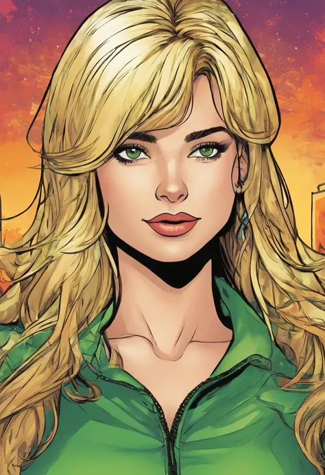 American comic, the panel shows a young looking teenage girl with blonde shoulder length hair and bangs, she is white with green eyes