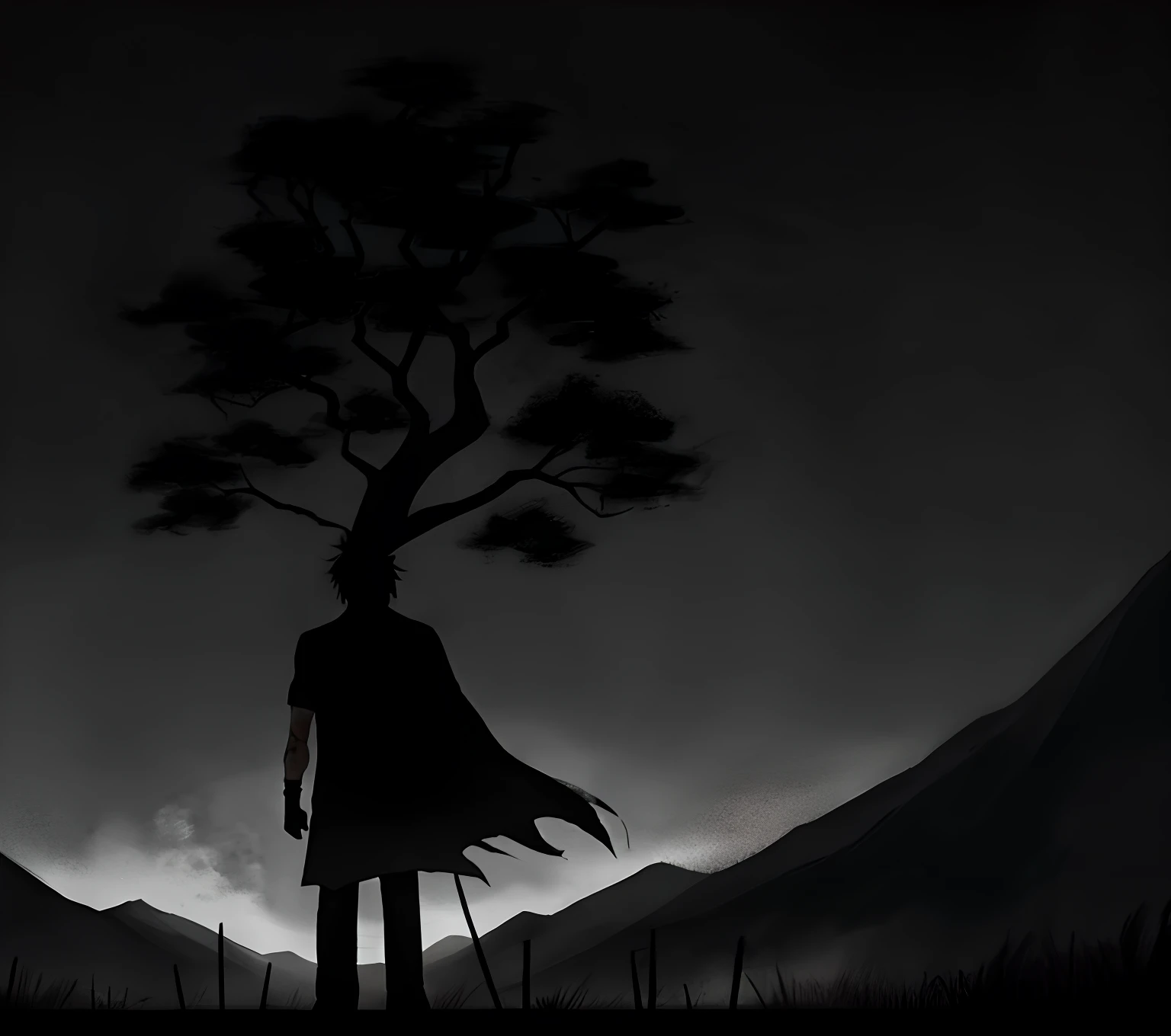 The man, black hair, Black magic wound on his arms, lonely tree darkness, angry, sad, anime