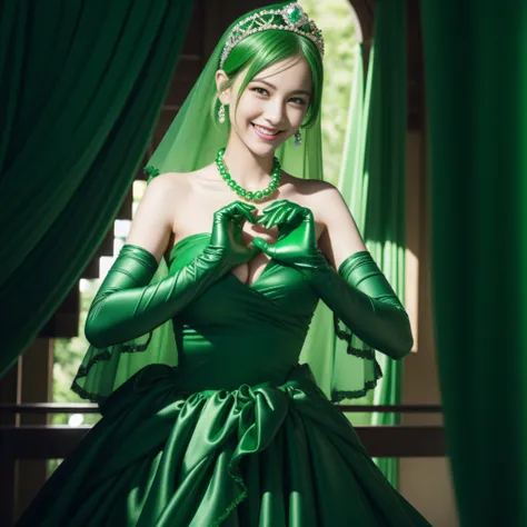 emerald tiara, Green Pearl Necklace, Boyish very short green hair, lipsticks, Japan woman smiling, very short short hair,  big breasts beautiful, Green eyes, Long green gloves made of satin material, Green eyes, Emerald Earrings, green vale, Heart with bot...