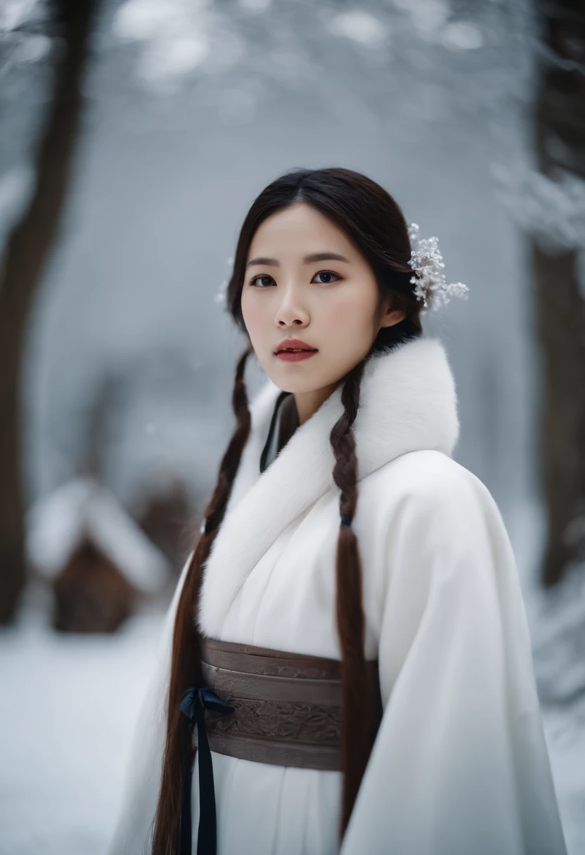 Korean girl in white hanbok, On the shoulders is a winter cape with a hood, Dark brown hair, Part of the hair is gathered and decorated with hairpins, In the Ice Forest, A white fox sits at her feet.