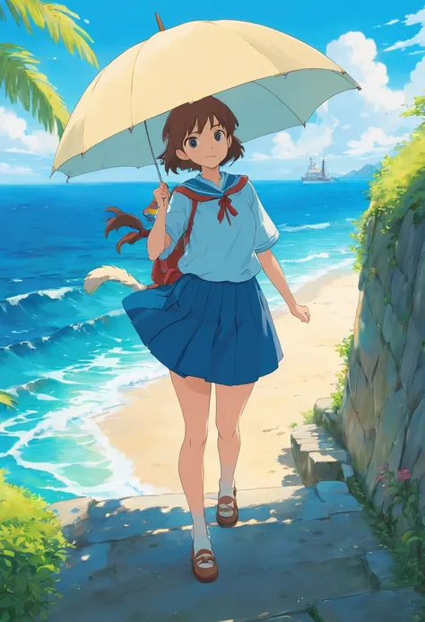 1 rapariga,Solo,Blue sky, ocean, Short skirt, (Very detailed background:1.0), (Highly detailed background:1.0),