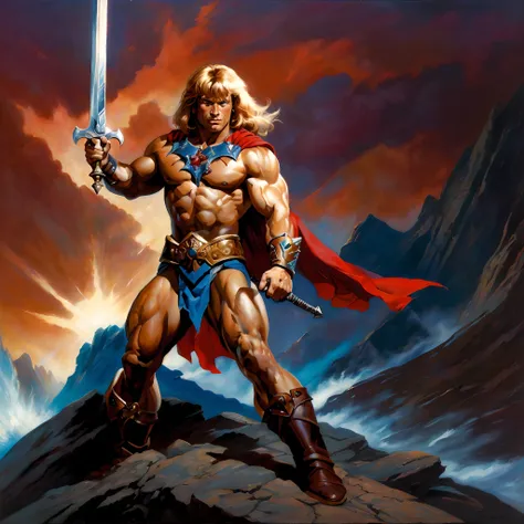 Arafed image of a man with a sword on a rocky surface, pintura retrato de ele - homem, retrato de he - homem, ele - homem, He-Man, ele homem, ele - homem!!!!!, He-Man!!!!!, He-Man com um jeito sombrio, Directed by: Tim Hildebrandt, inspirado em Joe Jusko, ...