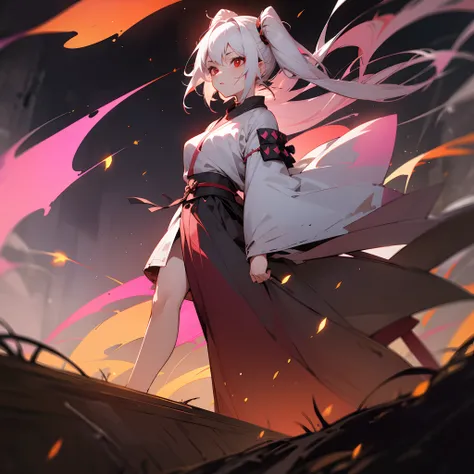 1female, young teen, finely detailed red eyes, messy medium white hair with pink highlights, night time village, loose ninja clothing, walking down shrine path, fireflies,