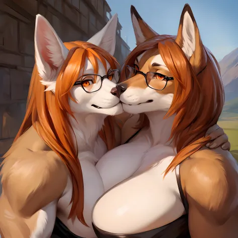 Solo, standing, female, big breasts, canine, white fur, orange eyes, orange hair, glasses, brown arms, muscular, By bebebebebe, by buta99, by chunie, by sonsasu, by danza, kissing viewer, close up