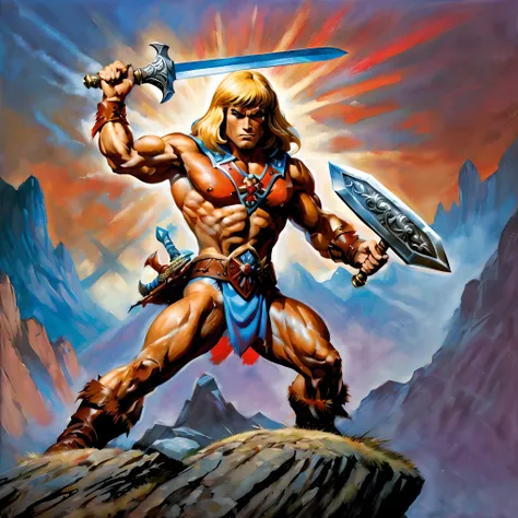 imagem arafed de uma pintura de um homem com uma espada e uma espada, pintura retrato de ele - homem, retrato de he - homem, He-Man, ele - homem, ele homem, He-Man!!!!!, ele - homem!!!!!, inspirado em Joe Jusko, Estilo Heman, He-Man com um jeito sombrio, D...