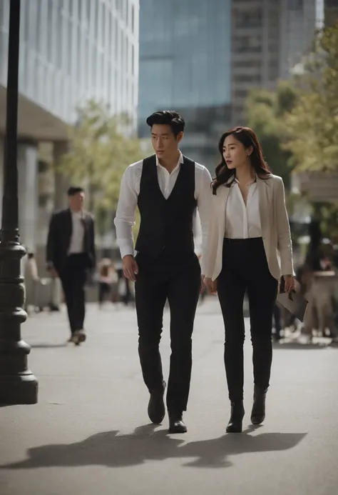 A 30-year-old prosecutor, ember, Korean Man, thick black hair, black suit, white  shirt, black pant. A 26-year-old girl next to her, reporter, Long dark brown hair, Dark jeans, white  shirt, Womens Dark Jacket, Heeled boots. Standing next to a friend