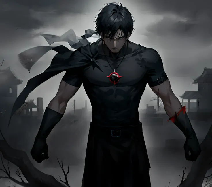 (Masterpiece), (best quality), The man, black hair, Black magic wound on his arms, lonely tree darkness, angry, sad, anime