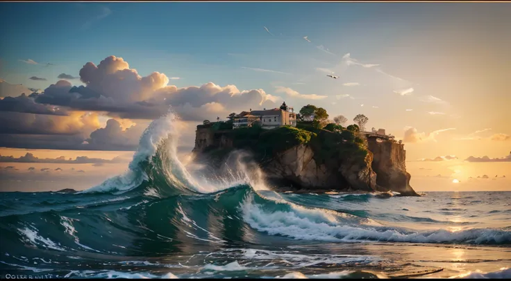 ocean waves crashing against the rocks, colorful fishing boats anchored in the harbor, seagulls soaring in the sky. The scene is bathed in a warm, golden sunset, casting a soft, dreamlike glow over everything. The medium is a breathtaking oil painting with...