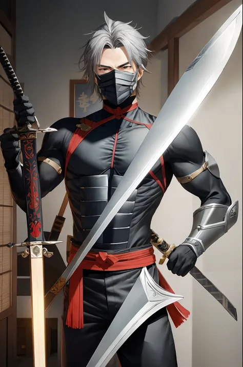 (masterpiece), (best quality), ninja man, with design mask, sword on his back, japanese room, handsome, grey hair