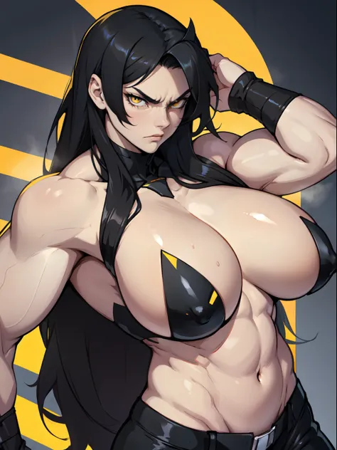 very long hair (muscular) girl pale skin black hair yellow eyes angry huge breasts