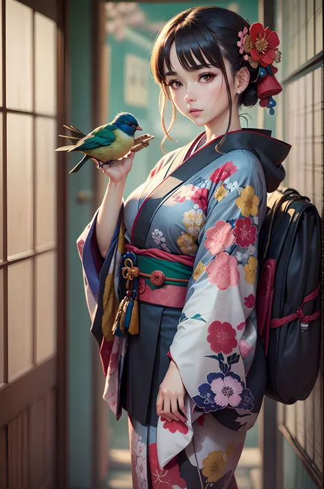 ((Finest quality)),(超A high resolution),(ultra-detailliert),(Meticulous portrayal),((Best Anime)),(Finest works of art),sharpnes,Clair, (Woman in Japan kimono), Beautiful little bird