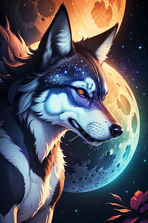 A magnificent, realistic and highly detailed psychedelic colored wolf, he gazes out at the magnificent moon and galaxy. In the style pixel art