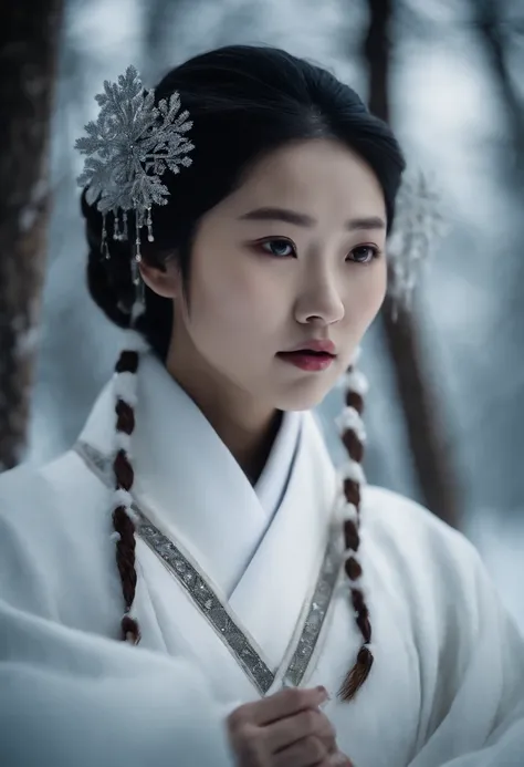 Korean girl in white hanbok, Shaman,  On the shoulders is a winter cape with a hood, Dark brown hair, Part of the hair is gathered and decorated with hairpins, In the Ice Forest.