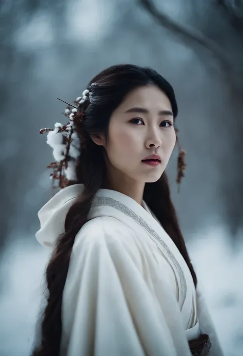 Korean girl in white hanbok, Shaman,  On the shoulders is a winter cape with a hood, Dark brown hair, Part of the hair is gathered and decorated with hairpins, In the Ice Forest.