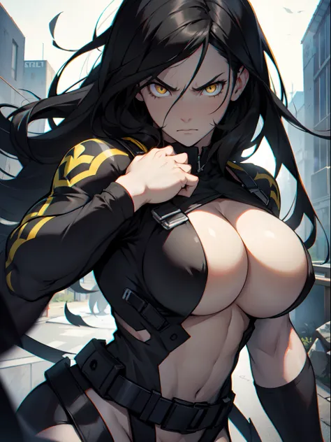 very long hair (muscular) girl pale skin black hair yellow eyes angry huge breasts