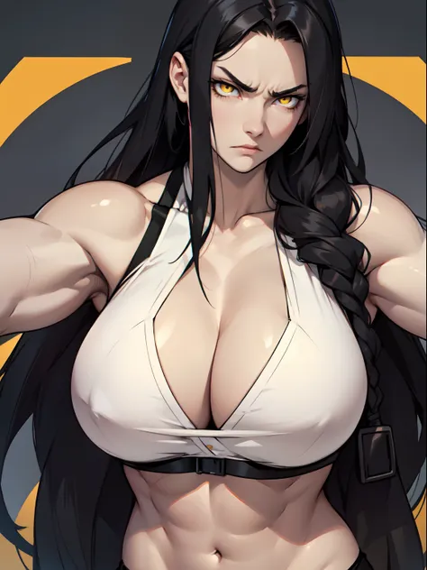 very long hair (muscular) girl pale skin black hair yellow eyes angry huge breasts