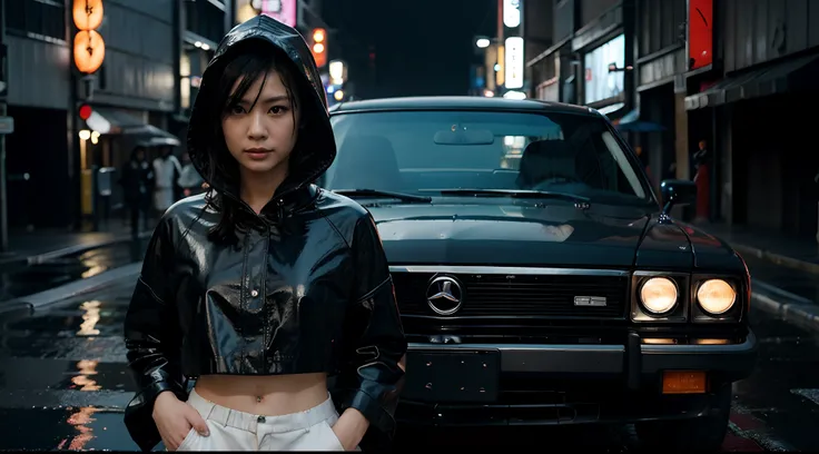 Cool, chic, Japanese car, from the 1980’s and also from the future, Front view, lights on, dark rainy night, wet street, Tokyo neon, colourful, beautiful Japanese woman standing in front of car wearing black leather with hood up, masterpiece, smoke, fog, d...