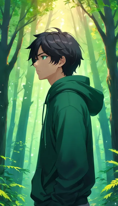 handsome male college student in black hoodie, black hair, green eyes, standing in mystical enchanted forest, apprehensive, realistic, ultra realistic, 8k