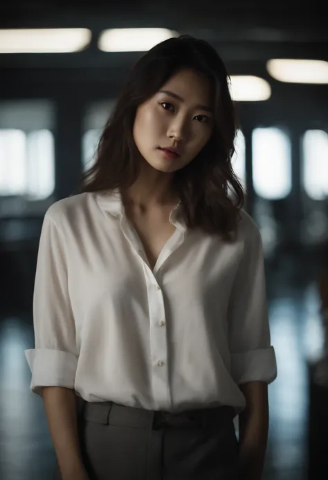 Dark lighting, korean girl, Loose hair, white  shirt, serious look.