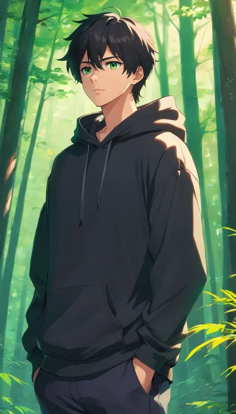 handsome male college student in black hoodie, black hair, green eyes, standing in  forest, apprehensive, realistic, ultra realistic, 8k