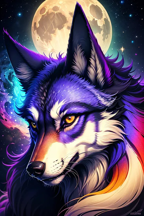 A magnificent, realistic and highly detailed psychedelic colored wolf, he gazes out at the magnificent moon and galaxy. In the style pixel art