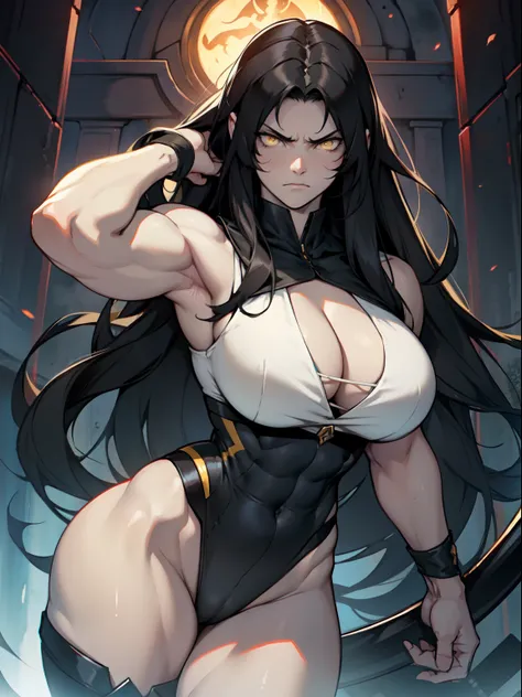 very long hair (muscular) girl pale skin black hair yellow eyes angry huge breasts