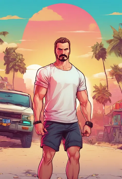 caucasian man, 27 years old, gradient haircut, muscular, 85 kg, athletic, moustache, basic white t-shirt, black cargo shorts, white sneakers, handsome, 4k