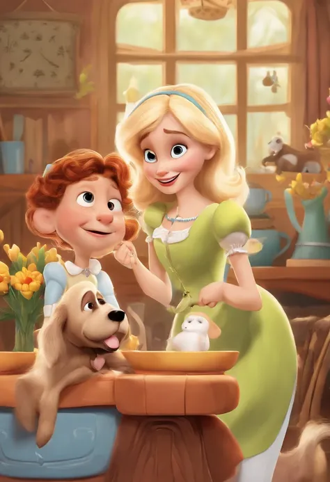 Create a Pixar-style poster titled Alice in Dogland, showcasing a couple. The girl is medium-height with blonde highlights, full lips, and small dark eyes. The boy is taller with fair skin, dark hair, and a playful expression. Their puppy is an all-black, ...