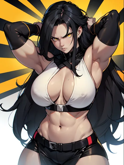 very long hair (muscular) girl pale skin black hair yellow eyes angry huge breasts