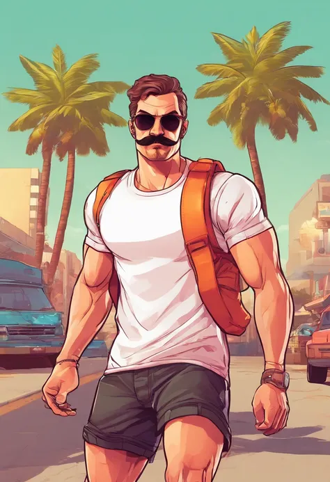 Caucasian man, 27 years old, gradient haircut, muscular, 85 kg, athletic, moustache, basic white t-shirt, black cargo shorts, white sneakers, handsome, 4k, frontal pose, sunglasses.