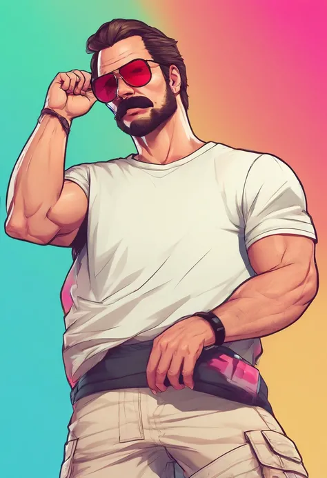 Caucasian man, 27 years old, gradient haircut, muscular, 85 kg, athletic, moustache, basic white t-shirt, black cargo shorts, white sneakers, handsome, 4k, frontal pose, sunglasses.