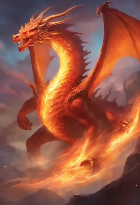 dragon emerging from sky with flame in eyes