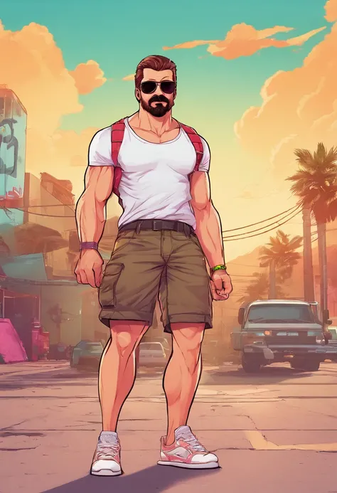 Caucasian man, 27 years old, gradient haircut, muscular, 85 kg, athletic, bushy mustache, basic white t-shirt, black cargo shorts, white sneakers, handsome, 4k, frontal pose, sunglasses.