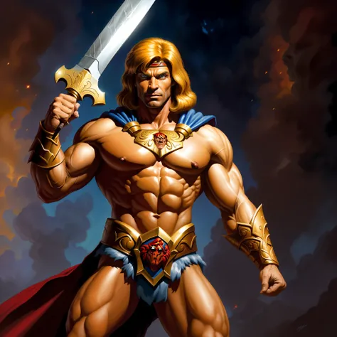 imagem arafed de um homem com uma espada e uma capa, pintura retrato de ele - homem, ele - homem, He-Man, retrato de he - homem, ele homem, ele - homem!!!!!, He-Man!!!!!, He-Man com um jeito sombrio, Estilo Heman, inspirado em Joe Jusko, Motu, Directed by:...