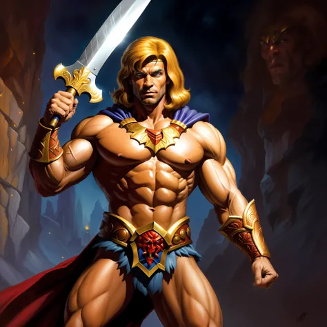 imagem arafed de um homem com uma espada e uma capa, pintura retrato de ele - homem, ele - homem, He-Man, retrato de he - homem, ele homem, ele - homem!!!!!, He-Man!!!!!, He-Man com um jeito sombrio, Estilo Heman, inspirado em Joe Jusko, Motu, Directed by:...