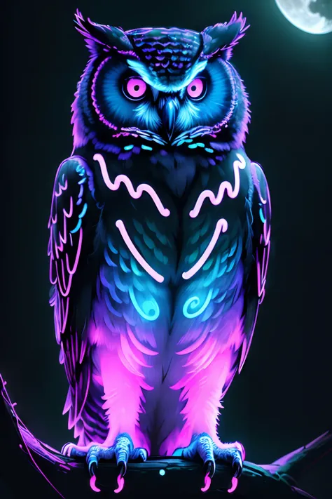 (((masterpiece))), (((neonart))),realistic , neon owl, high detail neon owl glowing, neon  owl, neon tree,moon,