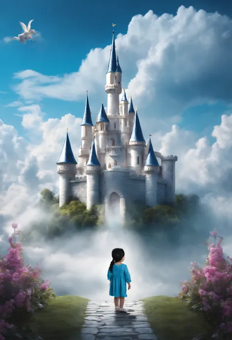 Black-haired child in a fantasy world Castle in the clouds Blue sky with white unicorn