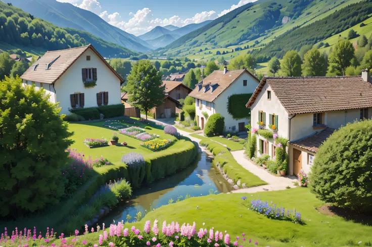 Campagne paisible et idyllique, Verdant hills dotted with grazing sheep, Villa de charme，Set amidst vibrant flowers, Clear blue sky above our heads, Evokes a sense of peace and simplicity, Beautiful valley, Suisse, parcelles de champs verts, Campagne luxur...