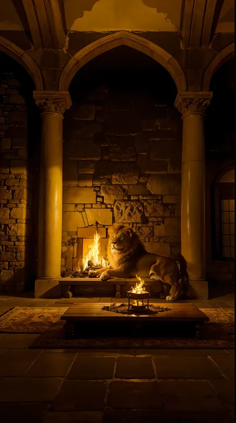 Lion with yellow colors on fire in a medieval castle sitting, Looking at a horizon a landscape with several trees with winter season