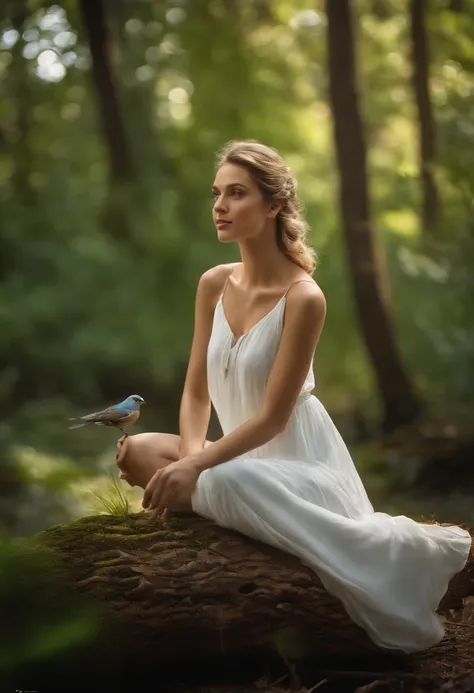 Image creation prompt using artificial intelligence

Scene:

A lush forest, with tall trees, colorful flowers, and a crystal-clear river. The sky is blue and sunny, and birds fly in flocks.

Character:

A young and beautiful woman, with fair skin and blue ...